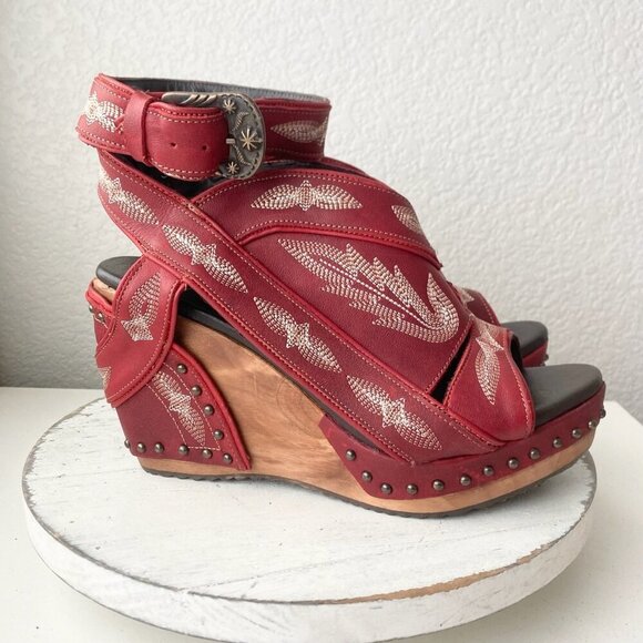 Lane Boots LEXINGTON Womens Red Wedges 10 Western Sandals Cowgirl Wooden Heels - Picture 2 of 11